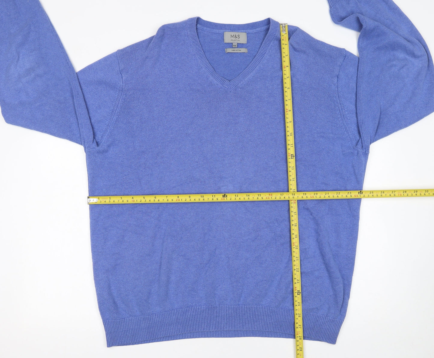 Marks and Spencer Men Blue 2XL V-Neck Cotton Pullover Jumper