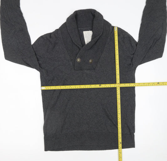 River Island Men's Grey Cotton Shawl Collar Button Jumper Size M