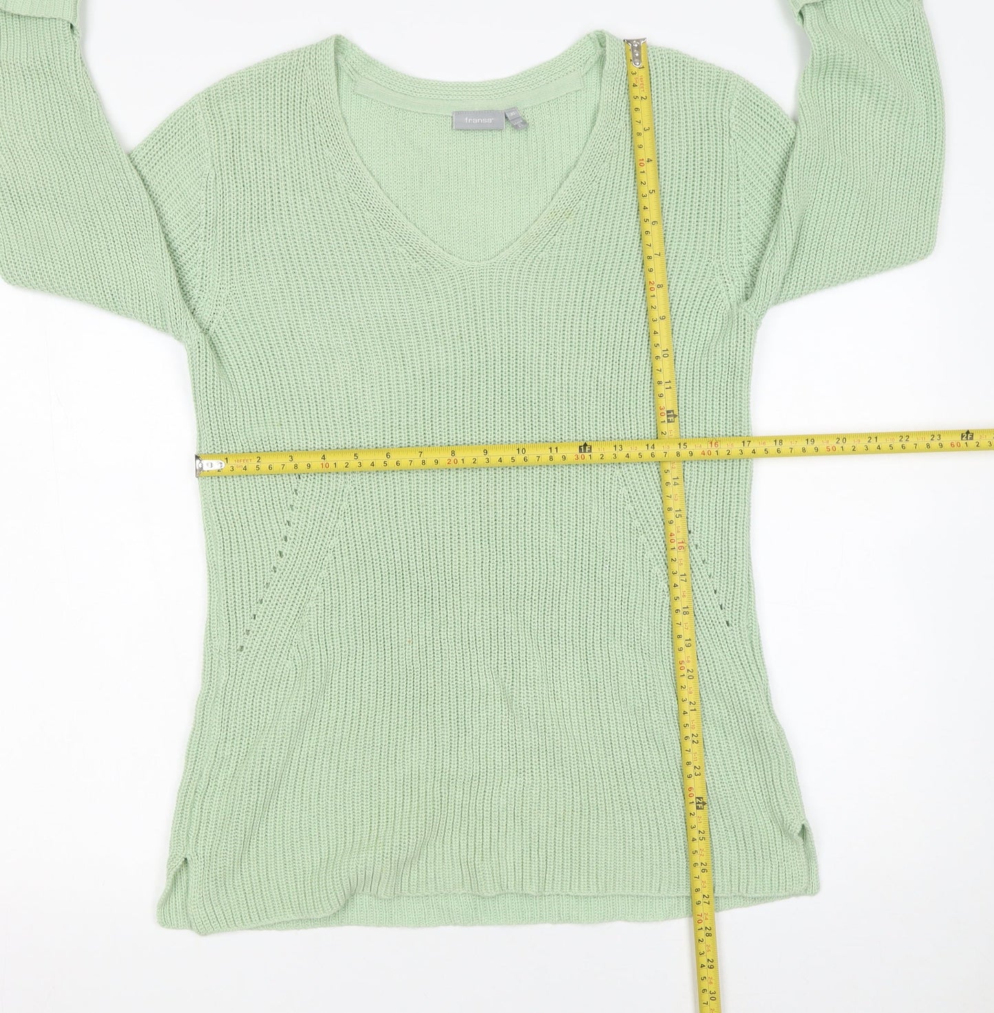 Fransa Women’s Green Chunky Knit V-Neck Pullover Jumper XS