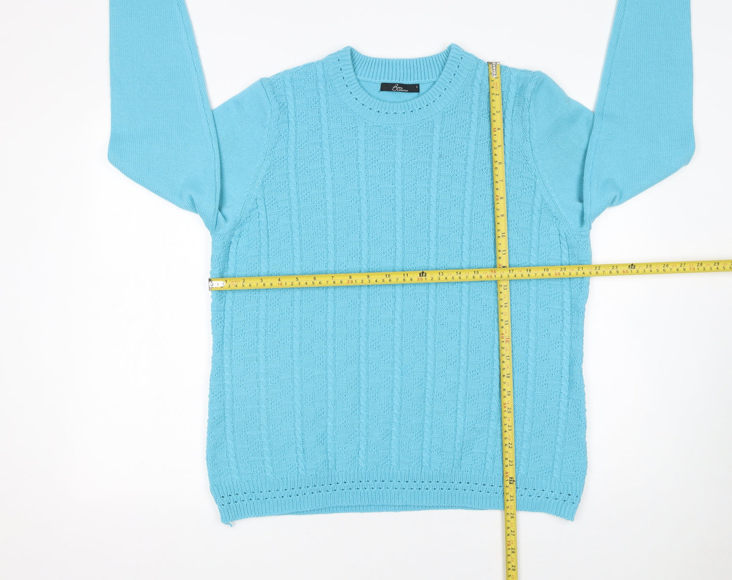 BM Collection Women Blue Cable-Knit Long Sleeve Crew Neck Jumper L