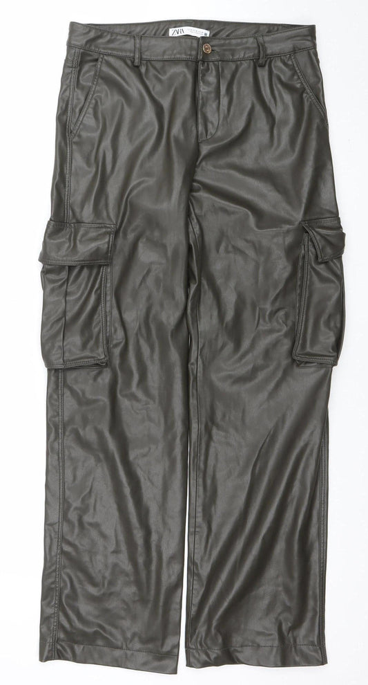 Zara Women Brown Faux Leather Cargo Trousers Size 12