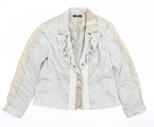 Jensen Women Beige Floral Cotton Blend Lined Single Breasted Blazer Size 14