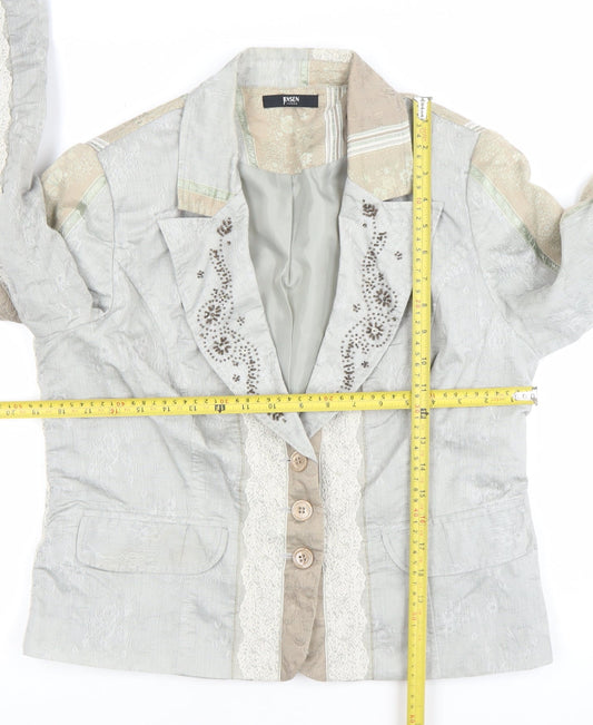 Jensen Women Beige Floral Cotton Blend Lined Single Breasted Blazer Size 14