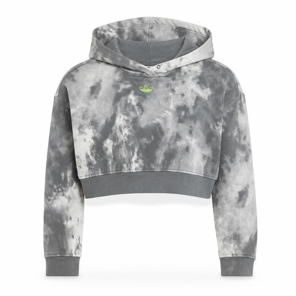 Front view of Adidas women’s grey tie dye cropped hoodie, size XS, cotton blend