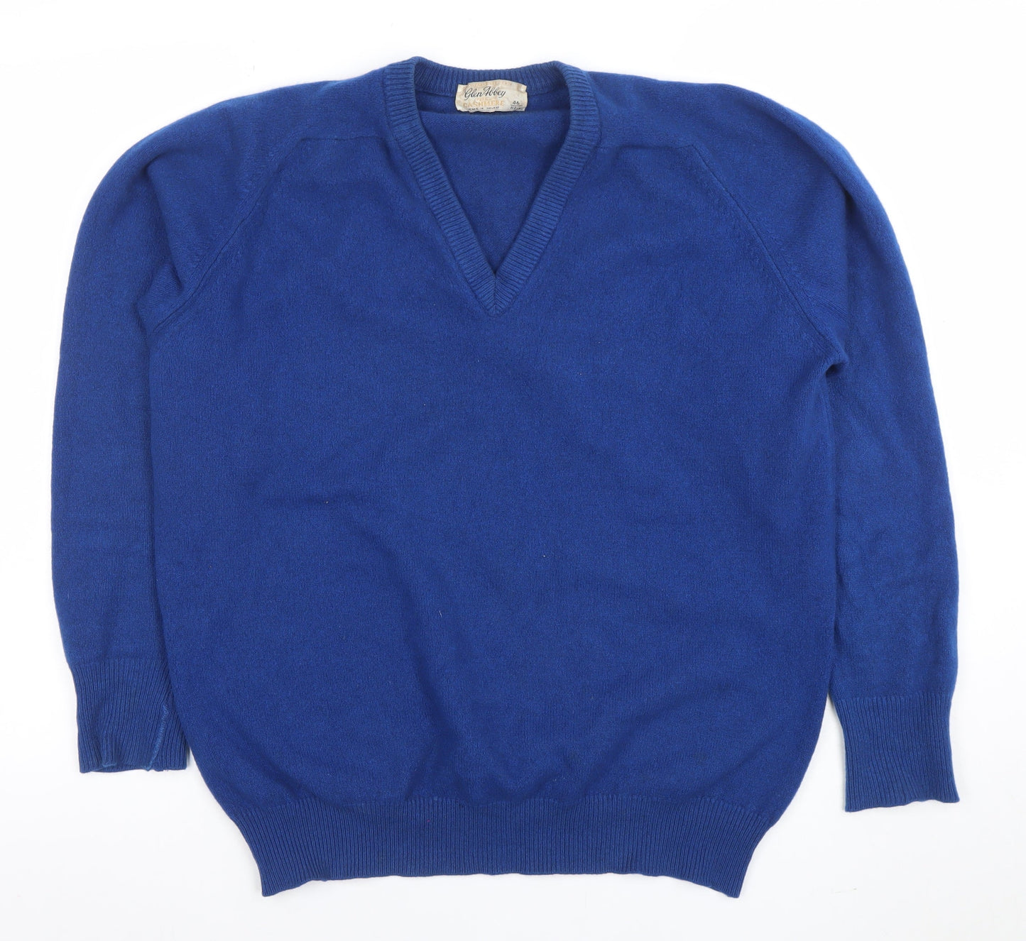 Glenross Men's Blue V-Neck Pure Cashmere Jumper Size L
