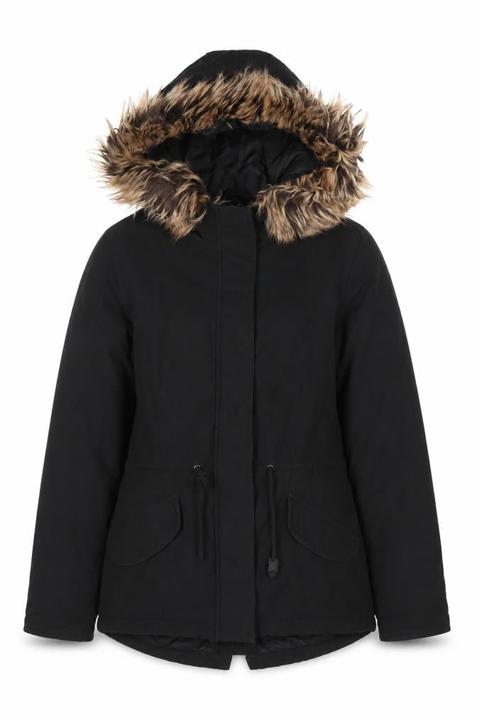 Only Women's Black Faux Fur Trim Hooded Parka Jacket Size S