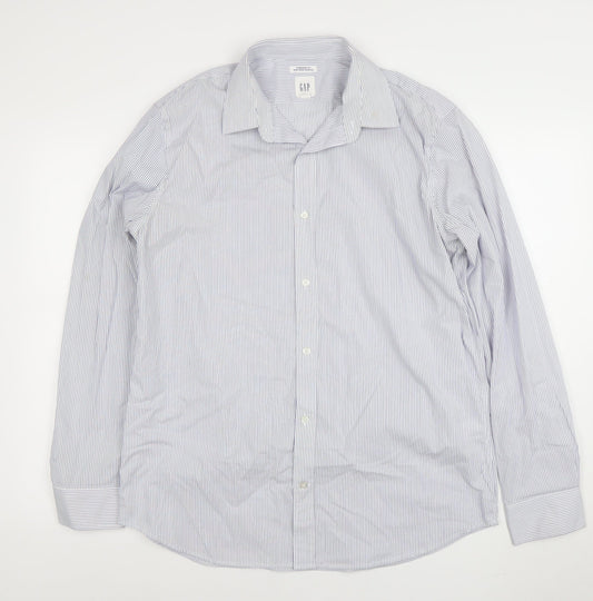 GAP Men's Blue Striped Non-Iron Stretch Cotton Long Sleeve Shirt L