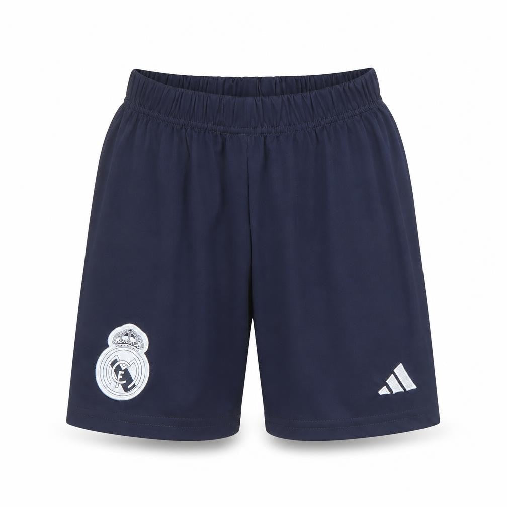 Front view of Adidas boys’ blue athletic football shorts, size 152, real madrid