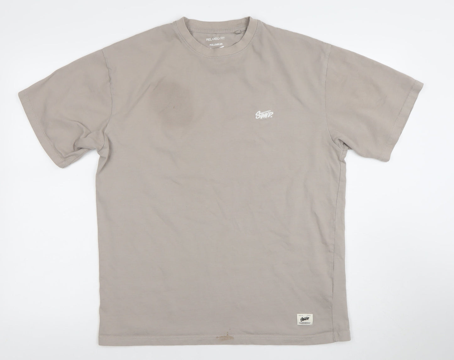 Pull&Bear Men’s Beige Relaxed Fit Cotton Logo T-Shirt Size S