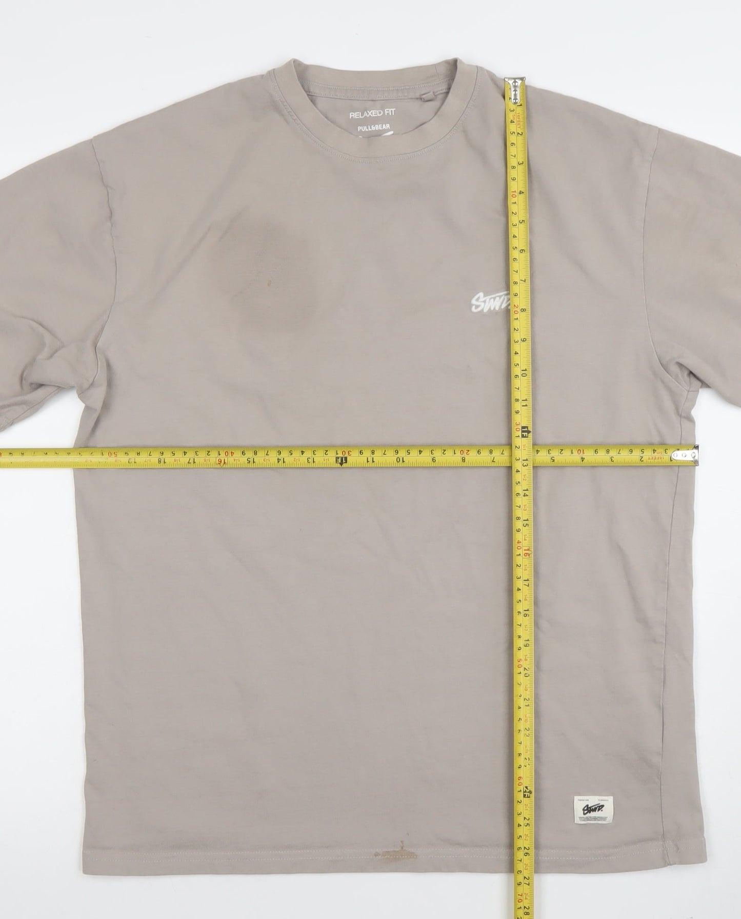 Pull&Bear Men’s Beige Relaxed Fit Cotton Logo T-Shirt Size S