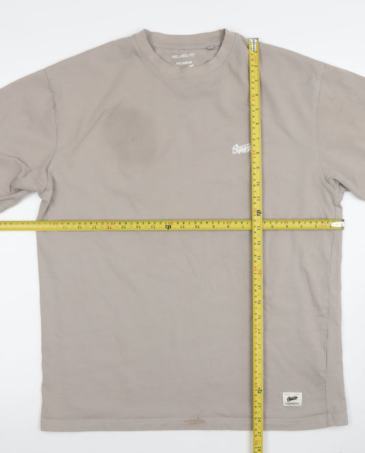 Pull&Bear Men’s Beige Relaxed Fit Cotton Logo T-Shirt Size S
