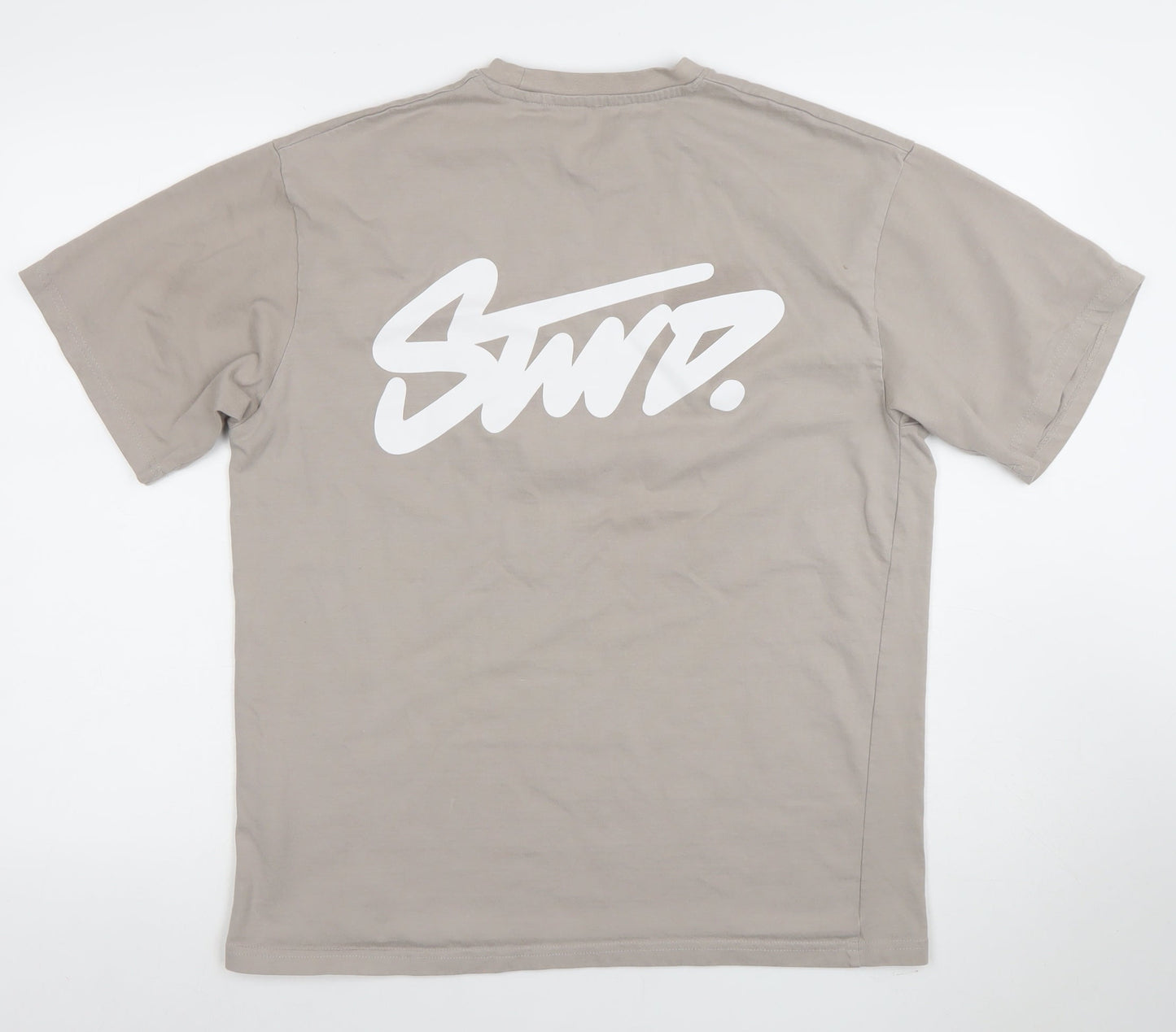 Pull&Bear Men’s Beige Relaxed Fit Cotton Logo T-Shirt Size S