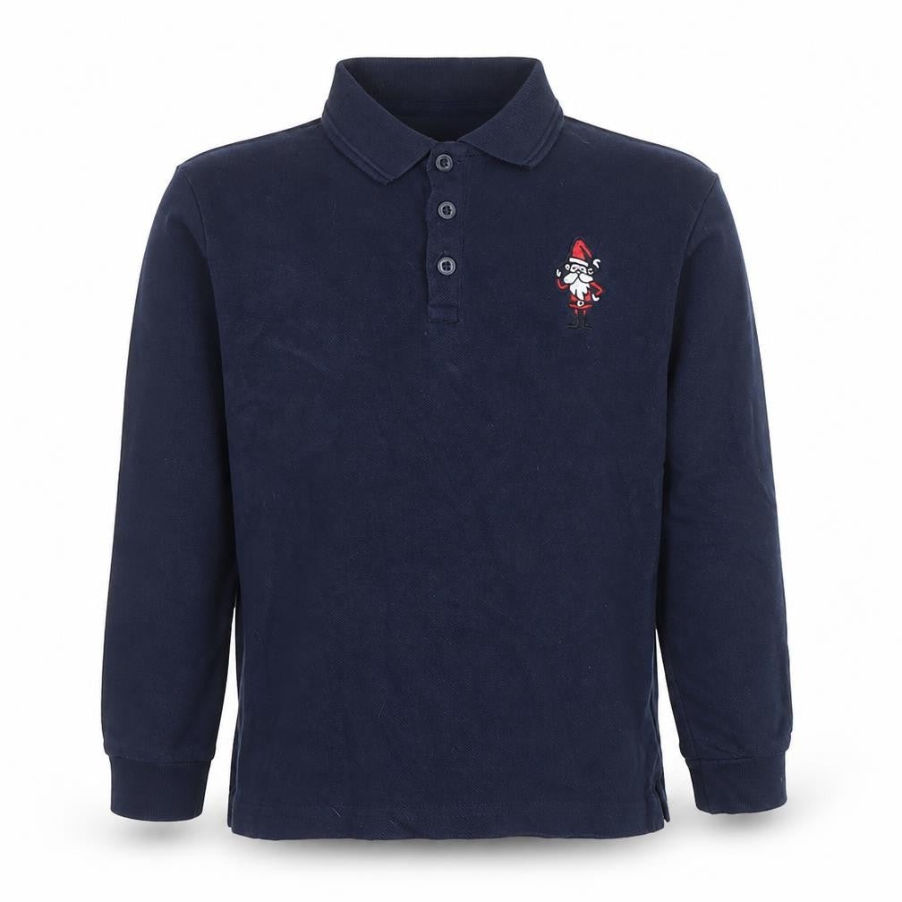 Front view of Dunnes boys’ blue long sleeve cotton polo shirt 8-9 years christmas santa