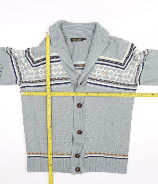 Farah Men’s Grey Fair Isle Shawl Collar Cardigan Jumper Size L