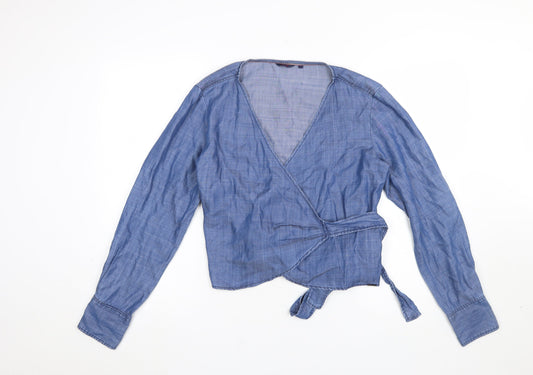 Salsa Women Blue Wrap Lyocell Chambray Blouse L Long Sleeve