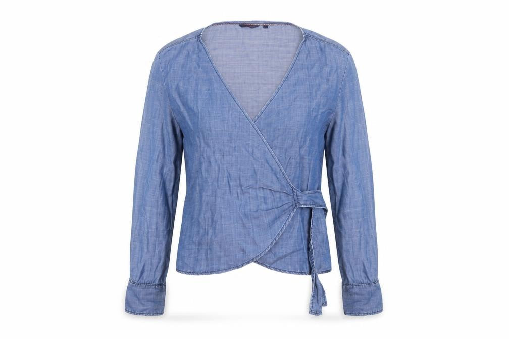 Salsa Women Blue Wrap Lyocell Chambray Blouse L Long Sleeve