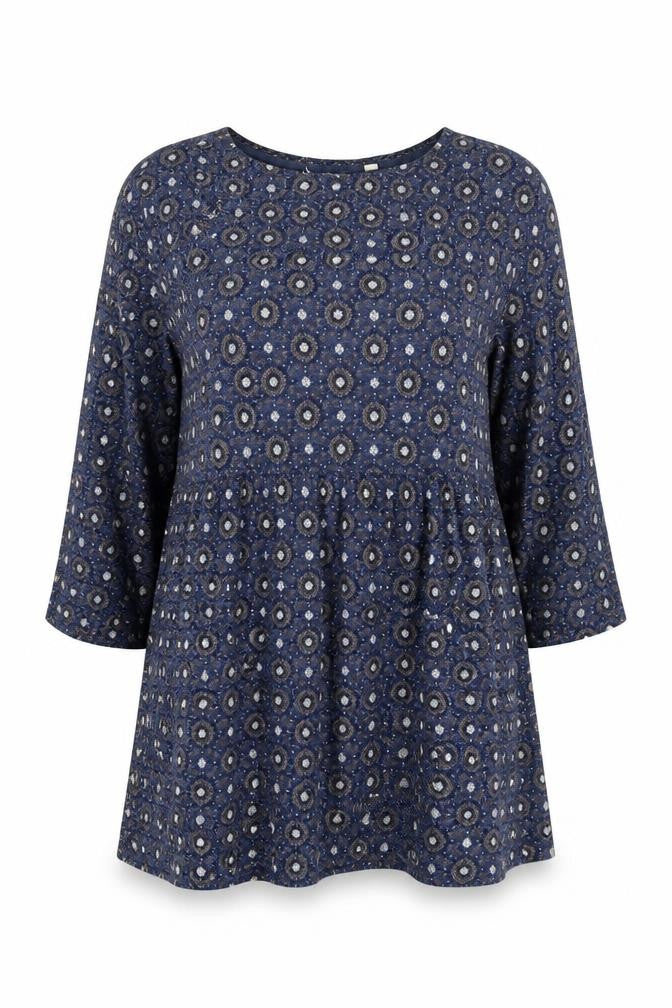 FatFace Women Blue Floral Tunic Top UK 12 3/4 Sleeve Cotton Blend