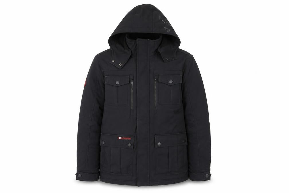 Front view of Canada Weathergear Men's Black L Parka Softshell Hooded Jacket