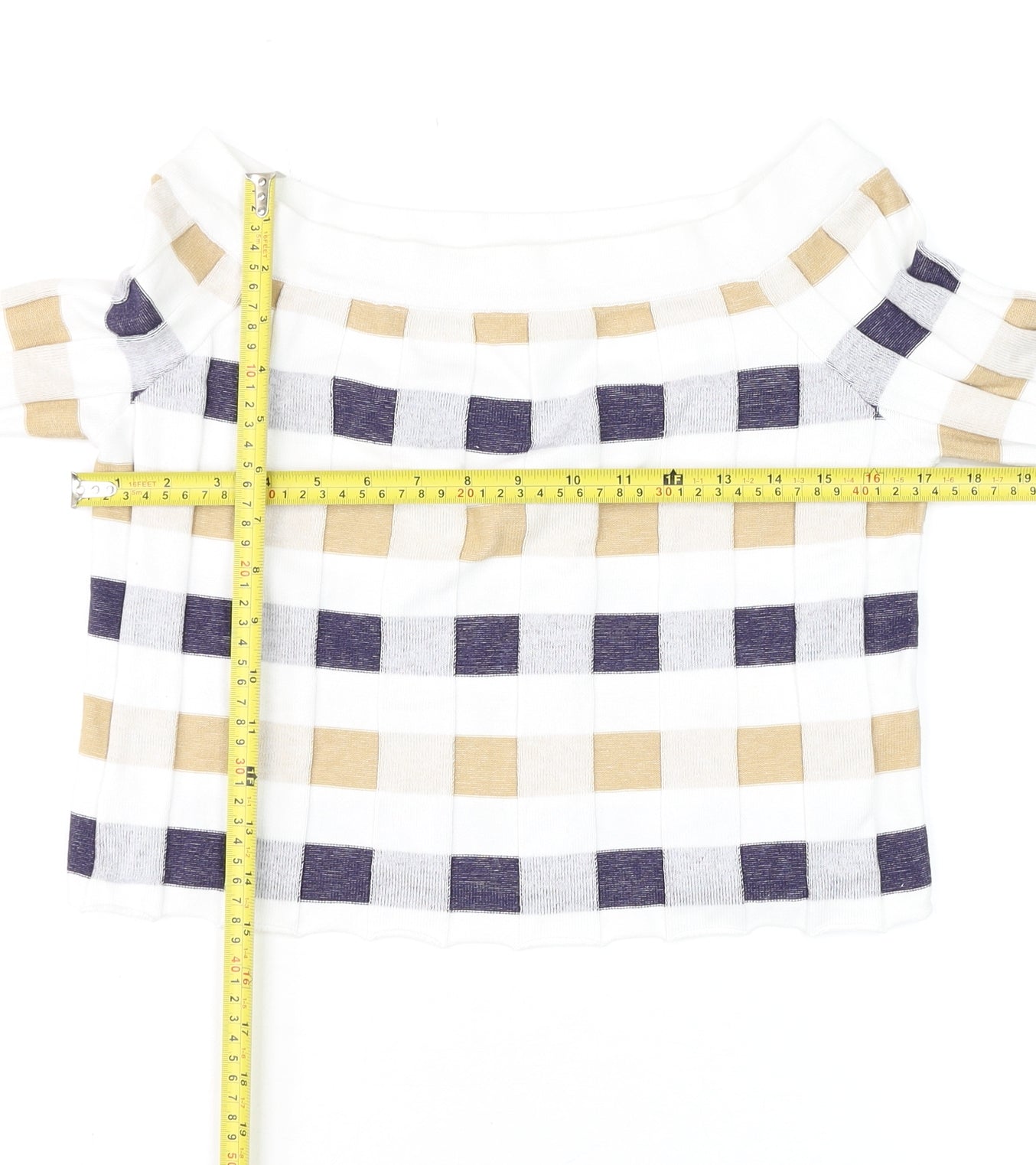 Marks and Spencer Women Beige Blue Check Off Shoulder Long Sleeve Knit Top Size 12