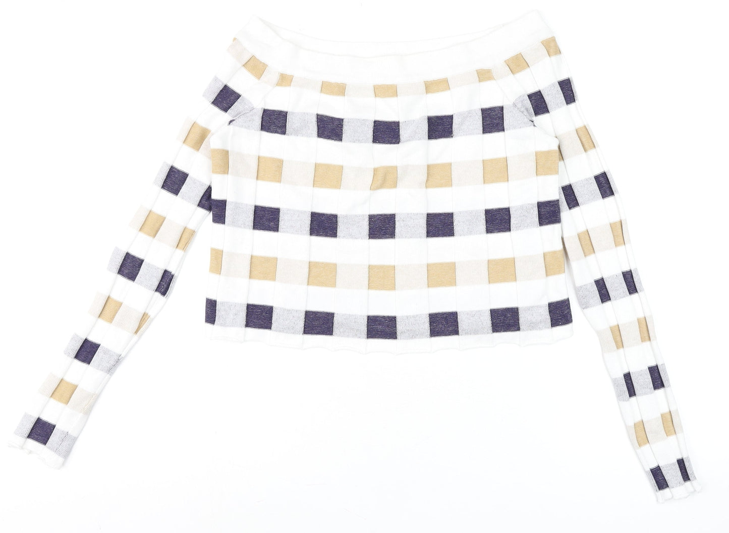 Marks and Spencer Women Beige Blue Check Off Shoulder Long Sleeve Knit Top Size 12