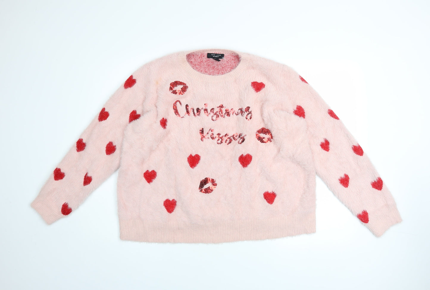 New Look Women Pink Sequin Christmas Kisses Maternity Jumper Size 20