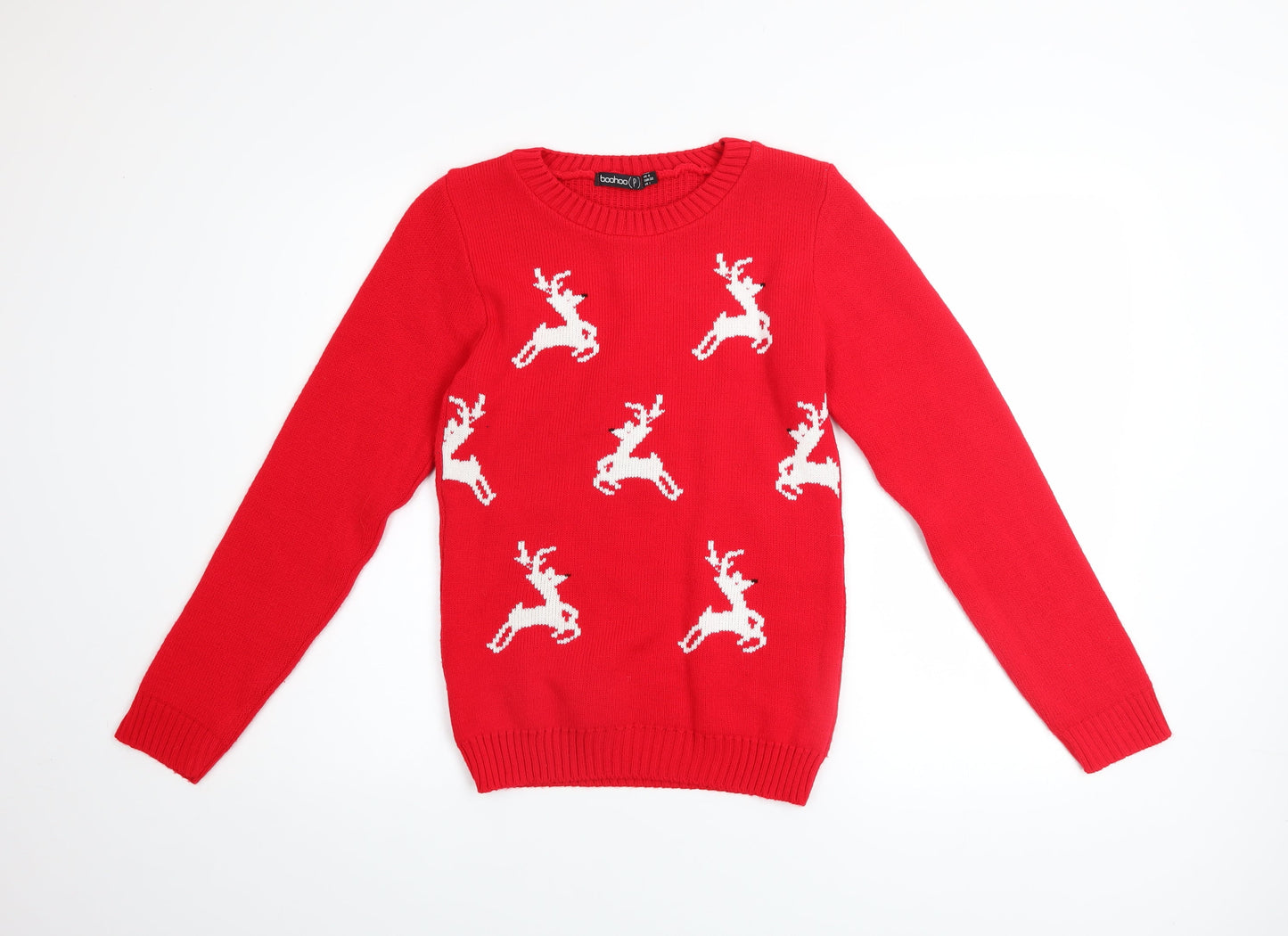 Boohoo Women Red Reindeer Christmas Pullover Jumper Size 4