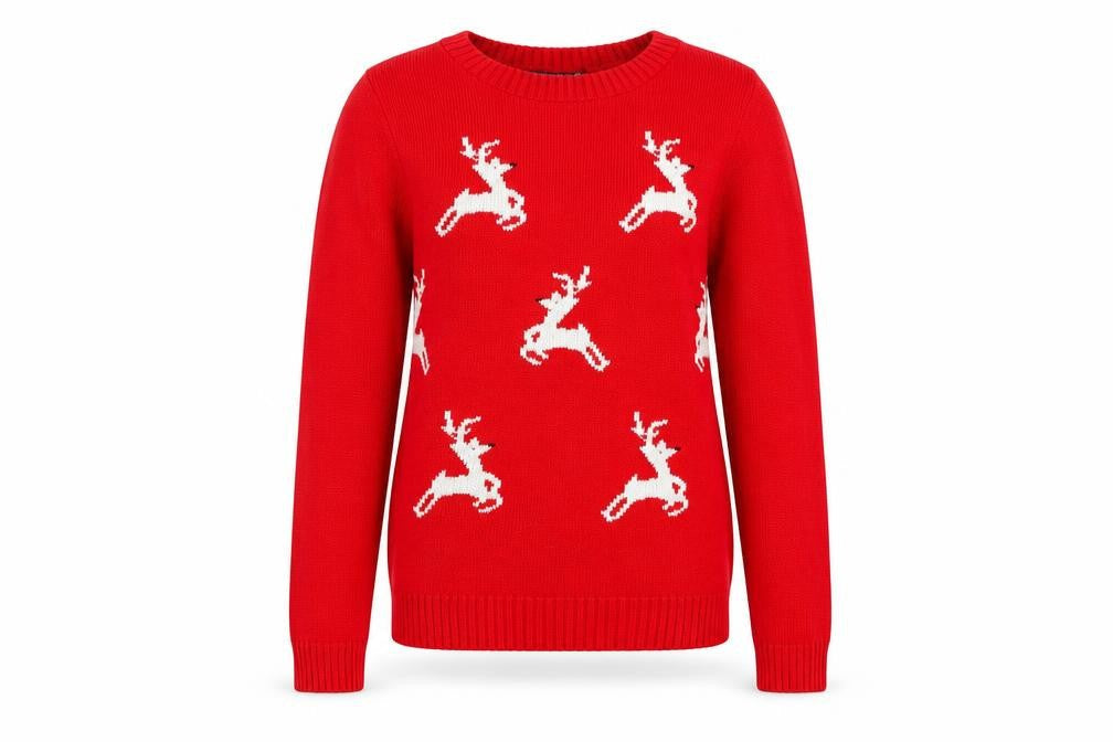 Boohoo Women Red Reindeer Christmas Pullover Jumper Size 4