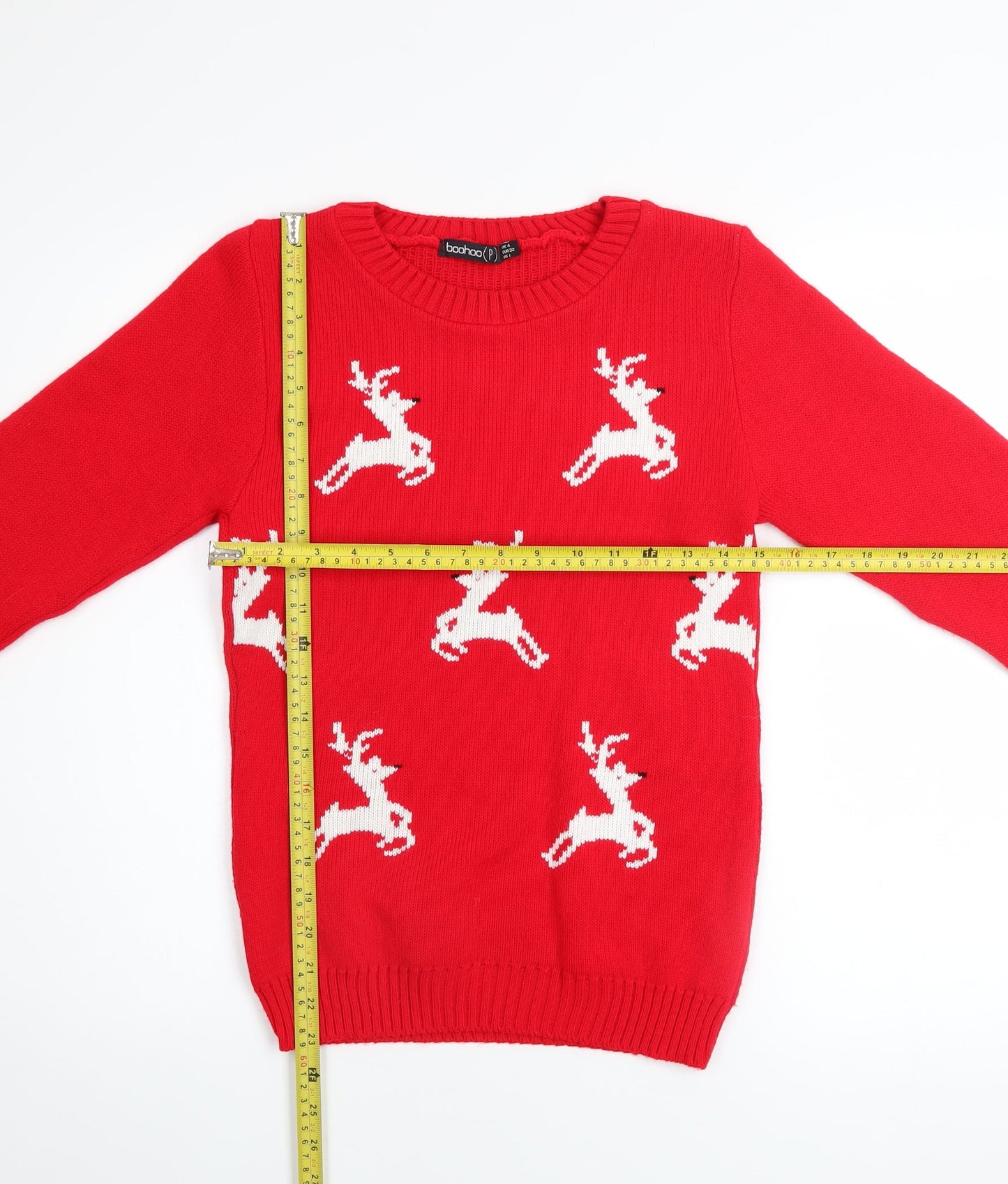 Boohoo Women Red Reindeer Christmas Pullover Jumper Size 4