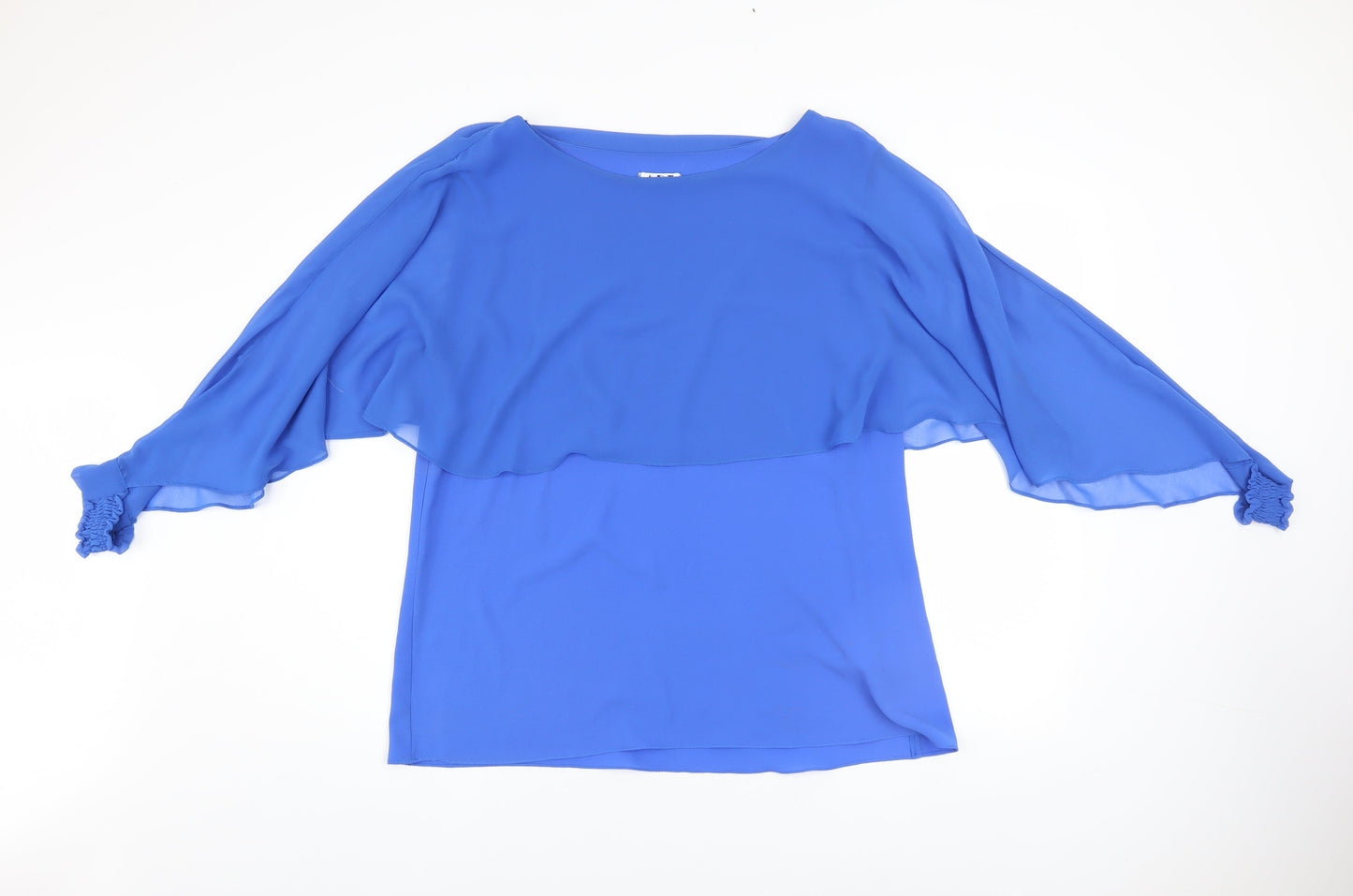ART Women Blue Chiffon Tunic Blouse XL Boat Neck Flutter Sleeve