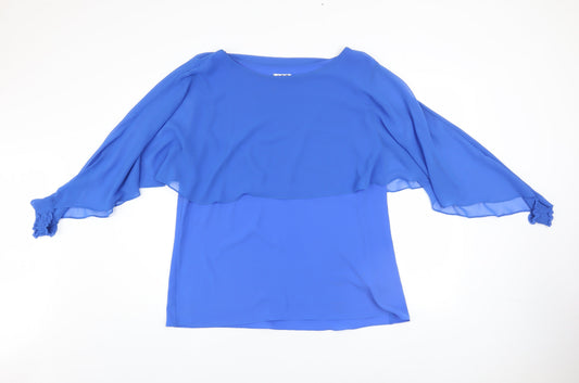 ART Women Blue Chiffon Tunic Blouse XL Boat Neck Flutter Sleeve
