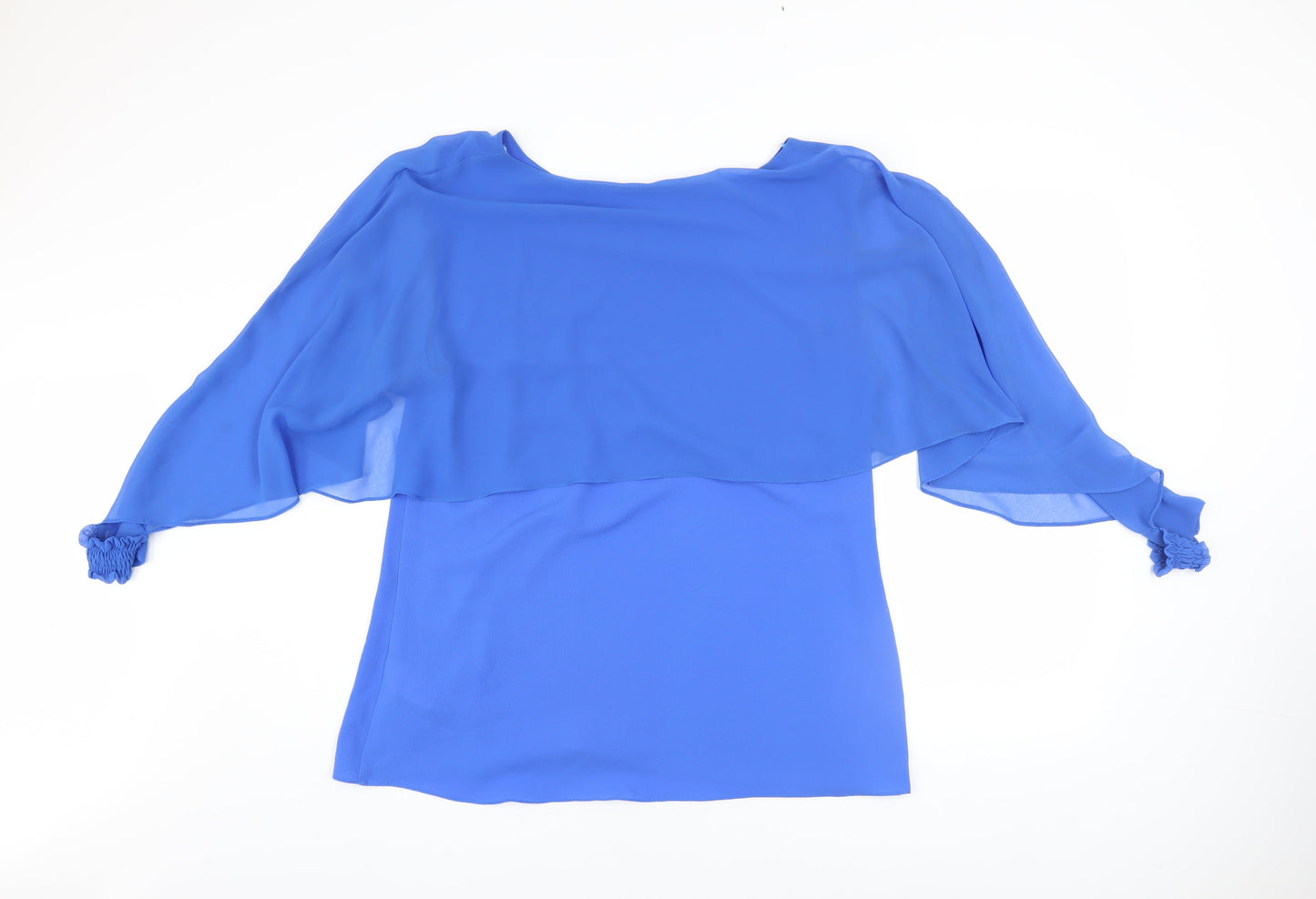 ART Women Blue Chiffon Tunic Blouse XL Boat Neck Flutter Sleeve