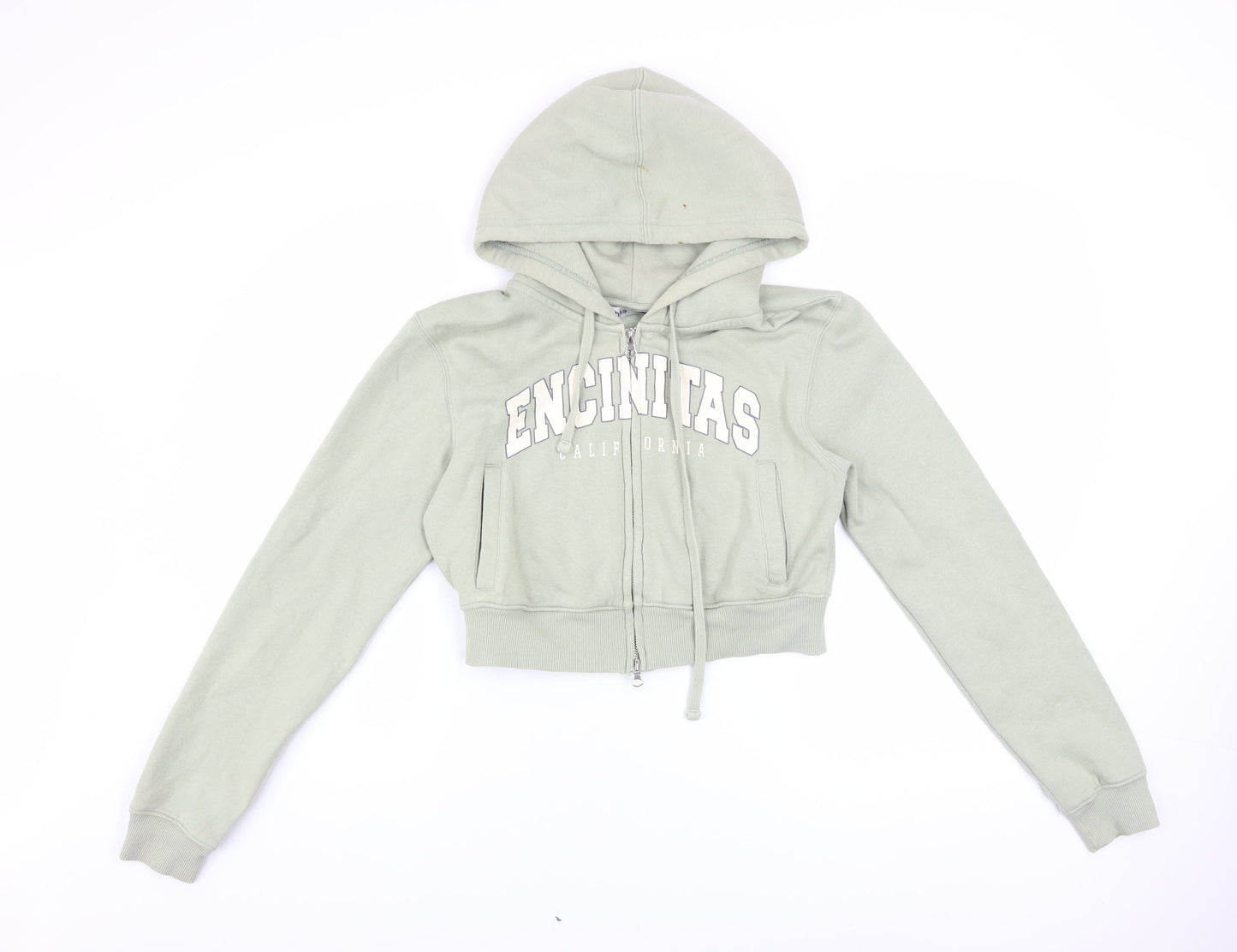 Bershka Women's Sage Green Full Zip Hoodie Size S Cropped California Print