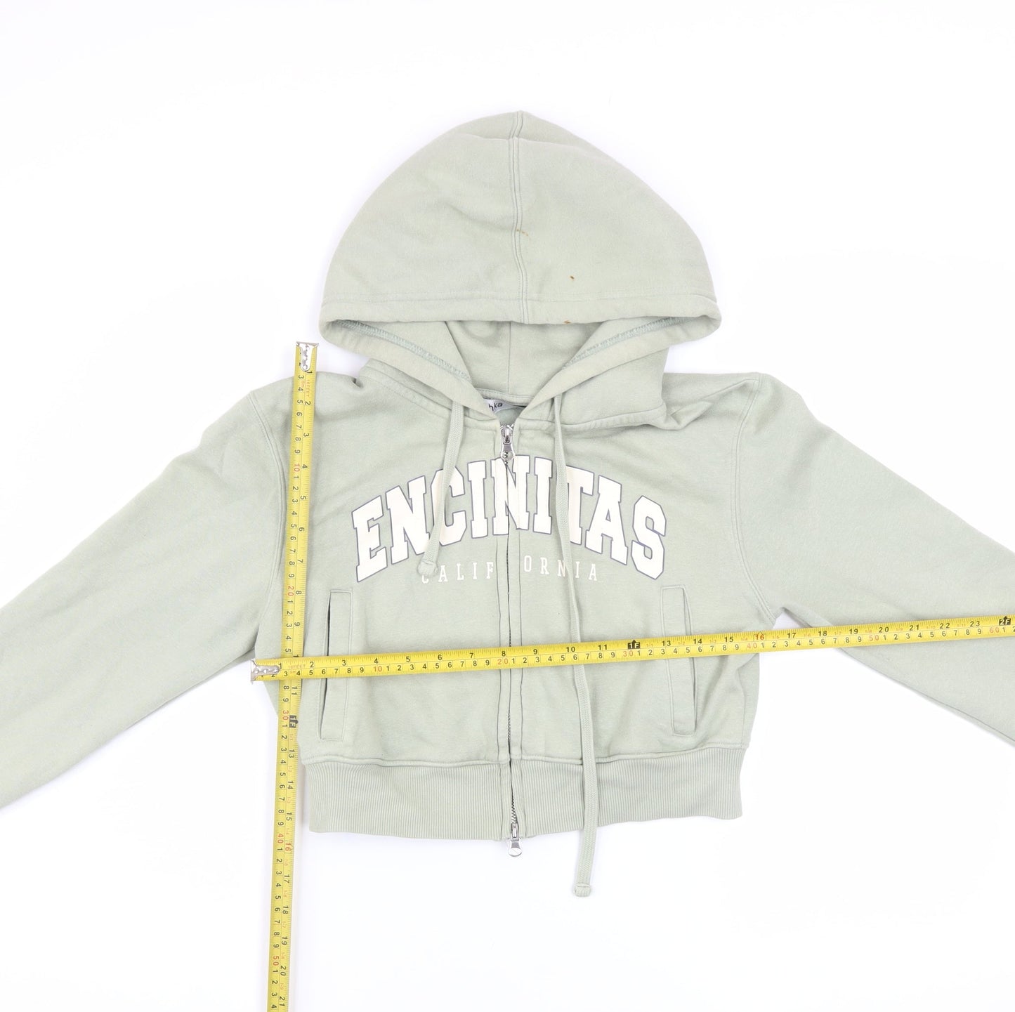 Bershka Women's Sage Green Full Zip Hoodie Size S Cropped California Print
