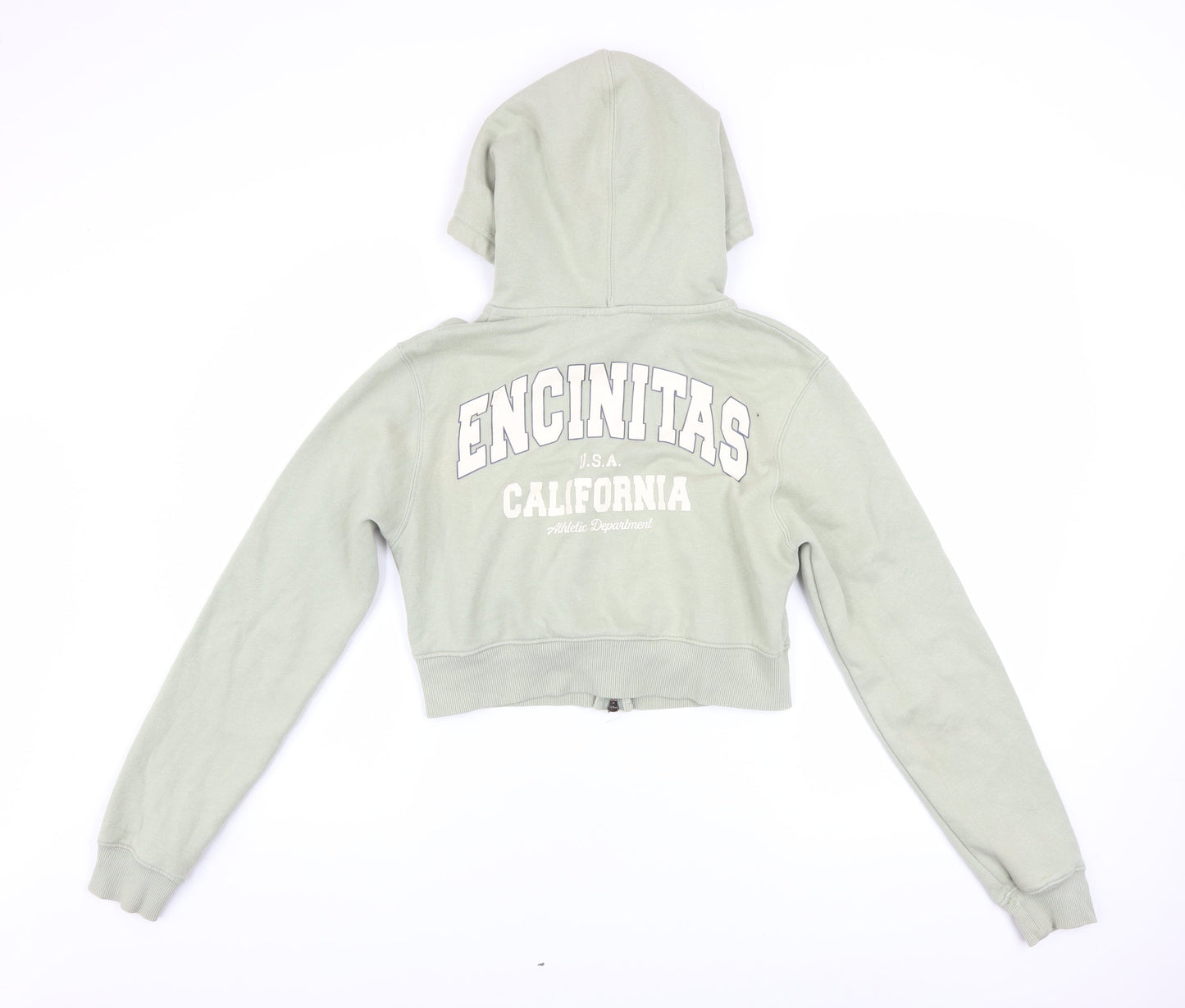 Bershka Women's Sage Green Full Zip Hoodie Size S Cropped California Print