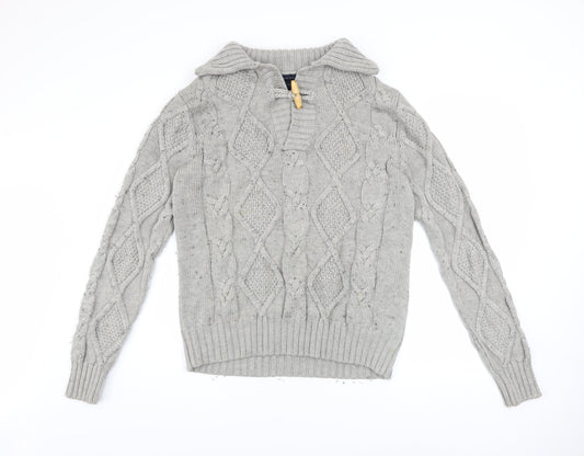 Tommy Hilfiger Men’s Grey Cable-Knit Wool Collared Pullover Jumper M