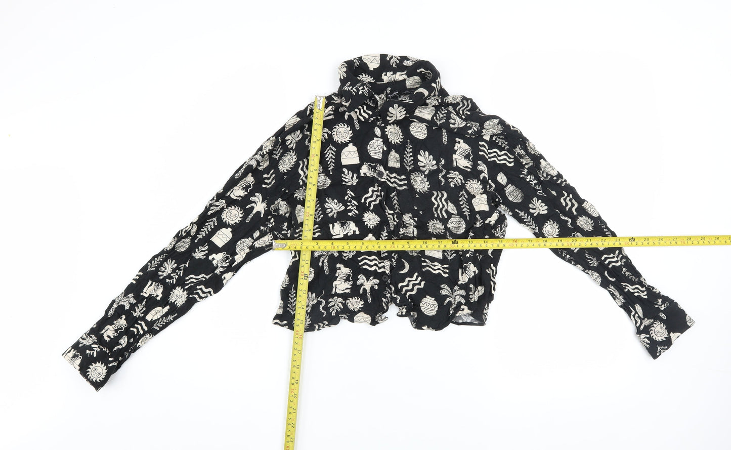 Pull&Bear Women's Black Cropped High Neck Long Sleeve Bohemian Blouse Size S