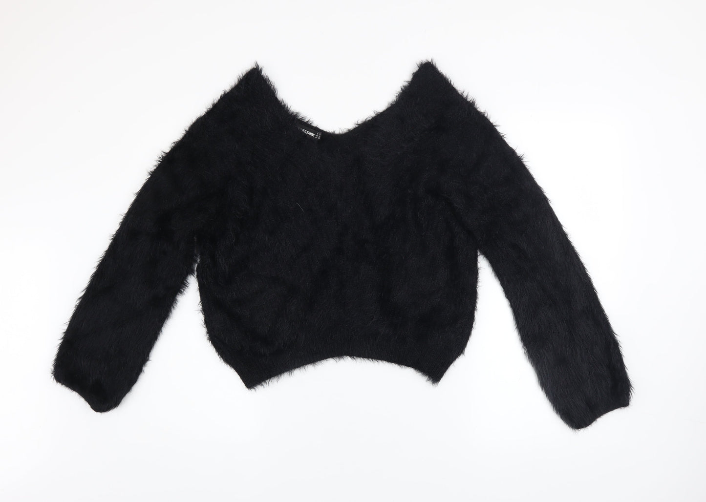 PrettyLittleThing Women’s Black V-Neck Fluffy Knit Jumper Size 8