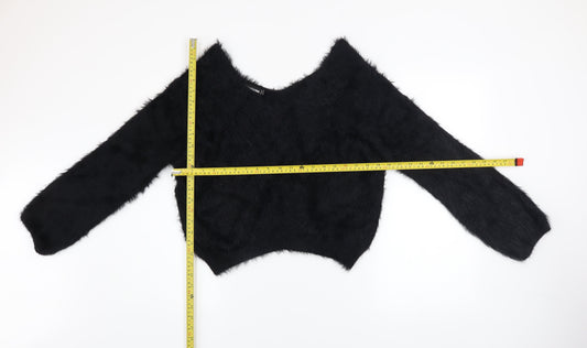 PrettyLittleThing Women’s Black V-Neck Fluffy Knit Jumper Size 8