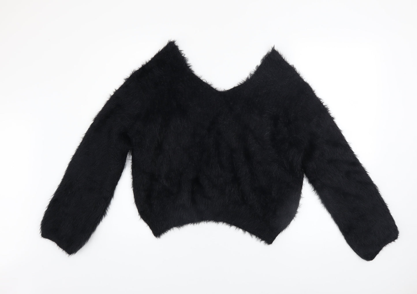 PrettyLittleThing Women’s Black V-Neck Fluffy Knit Jumper Size 8
