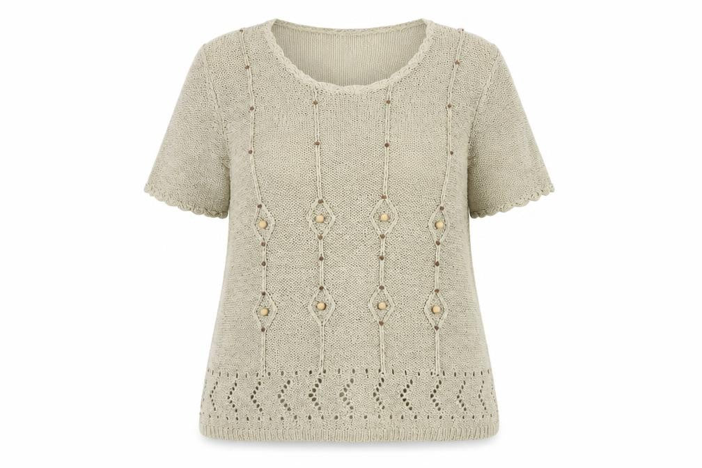 Damart Women’s Beige Knit Beaded Short Sleeve Blouse Size 18/20