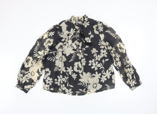 Gallery Women's Black Ivory Floral Long Sleeve Lyocell Blouse Size 12