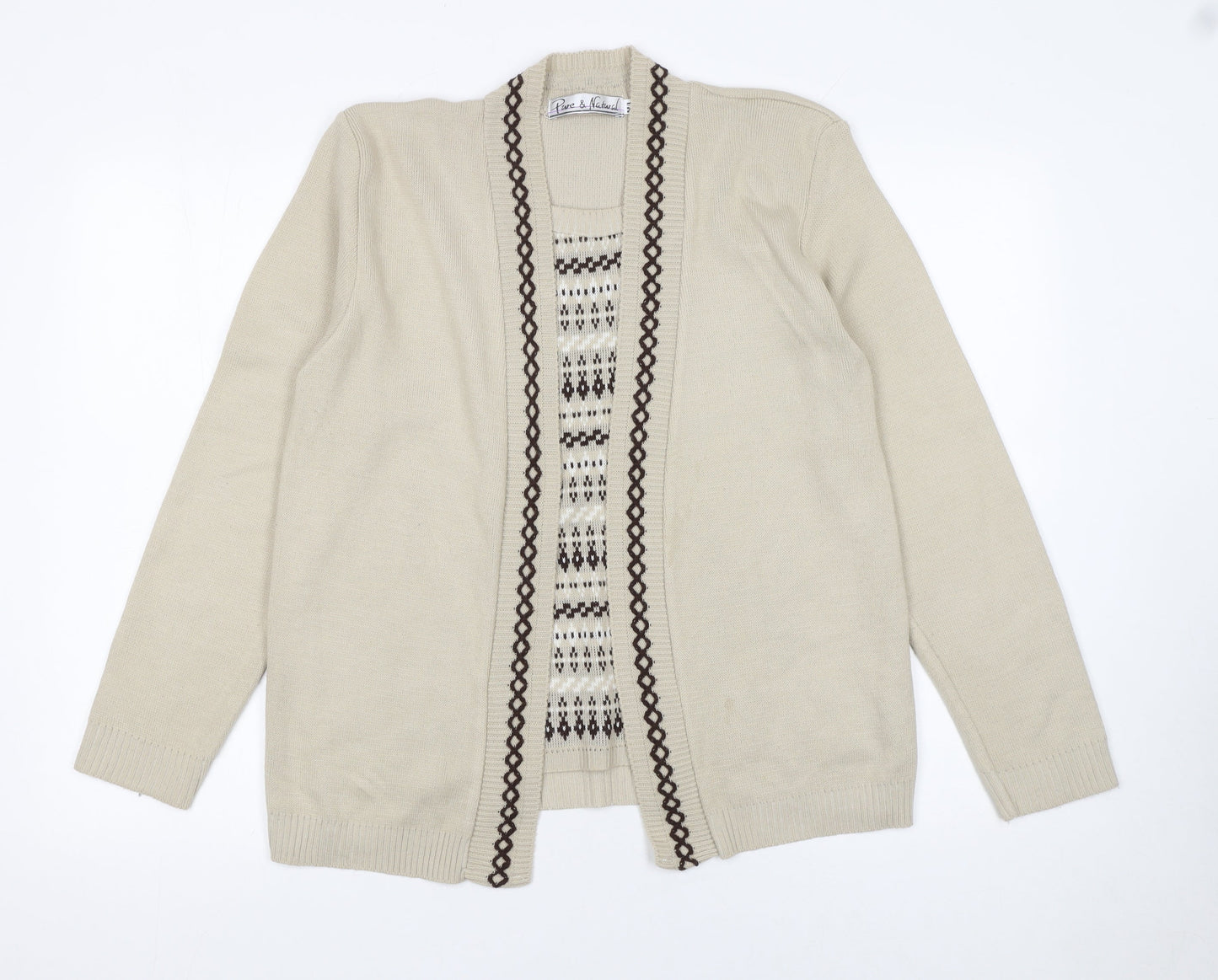 Pure & Natural Women's Beige Knit Cardigan M V-Neck Geometric Pattern