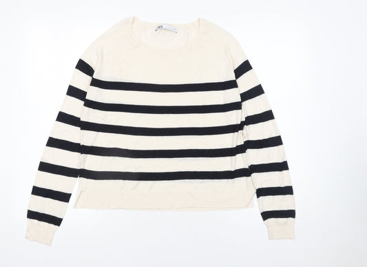 Zara Women’s Ivory Black Striped Cotton Knit Pullover Jumper Size 12