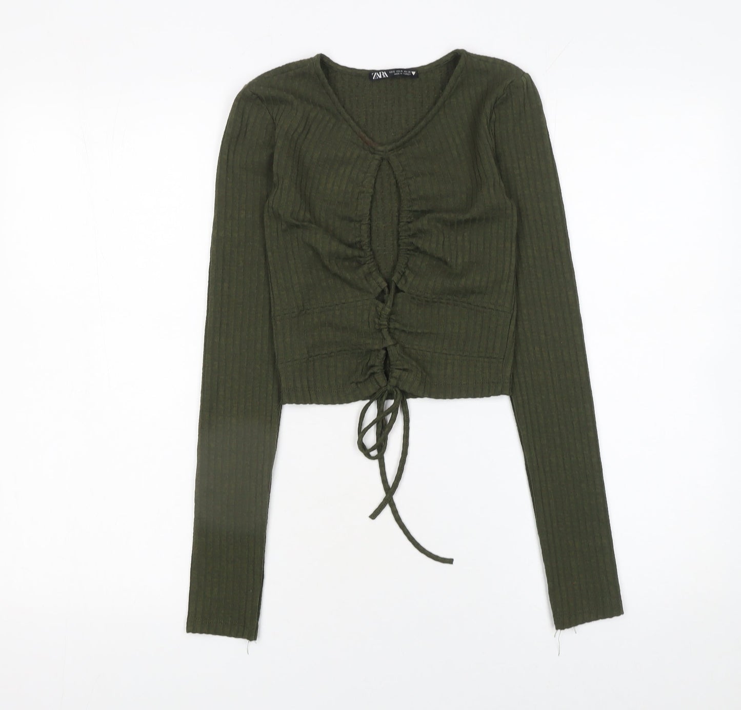 Zara Women Green Cropped Long Sleeve V-Neck Drawstring Top Size S