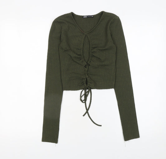 Zara Women Green Cropped Long Sleeve V-Neck Drawstring Top Size S