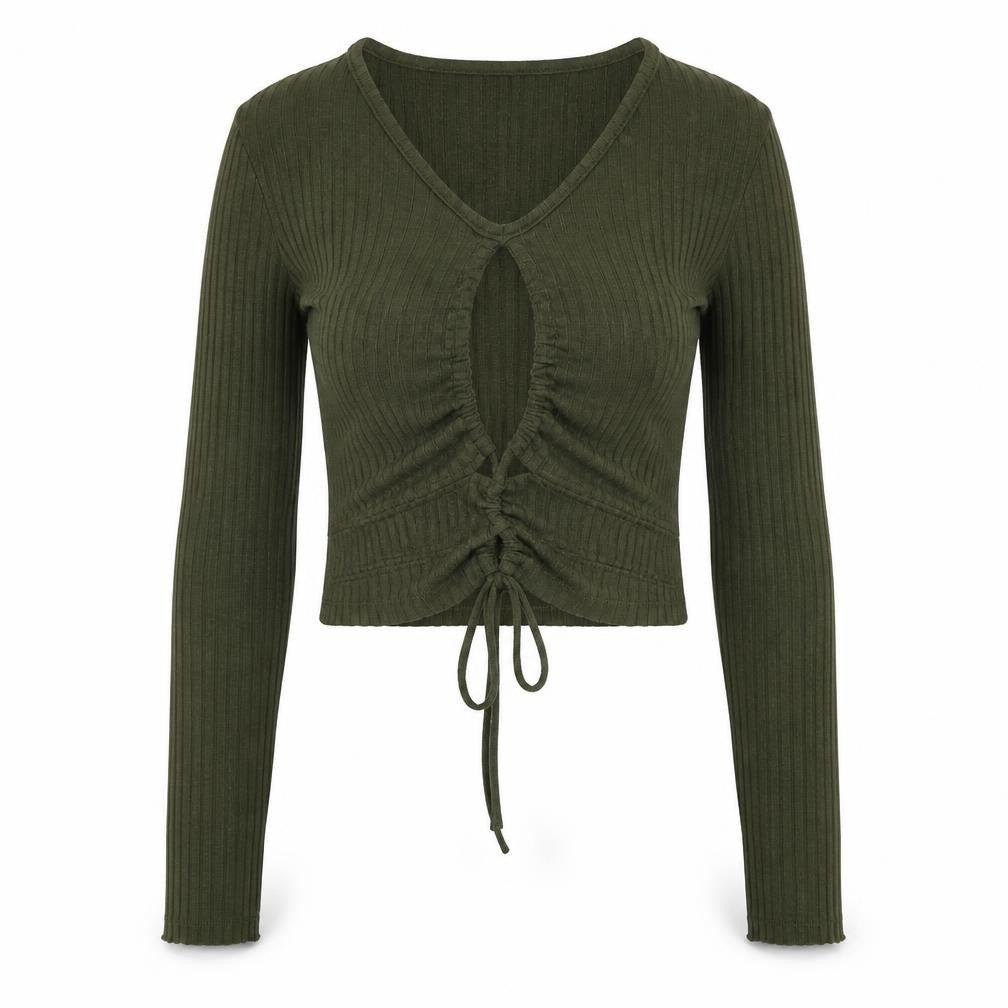 Zara Women Green Cropped Long Sleeve V-Neck Drawstring Top Size S