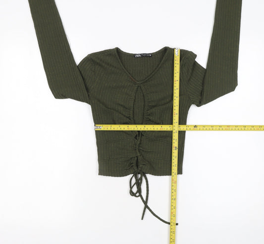 Zara Women Green Cropped Long Sleeve V-Neck Drawstring Top Size S