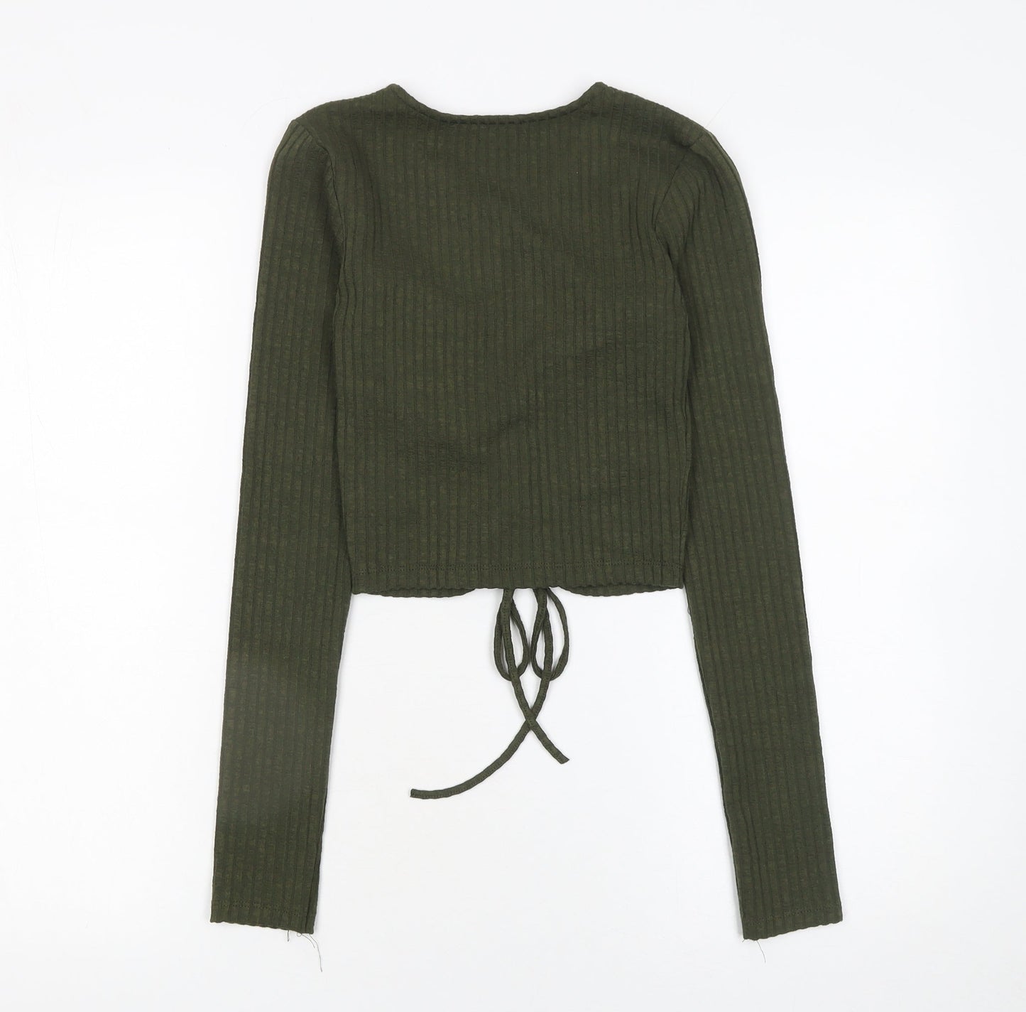 Zara Women Green Cropped Long Sleeve V-Neck Drawstring Top Size S