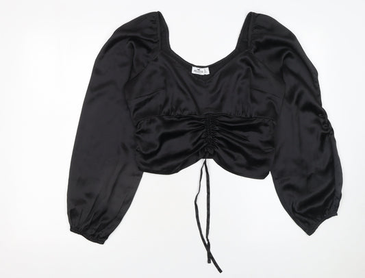 Hollister Women's Black Cropped Satin Blouse L Long Puff Sleeve