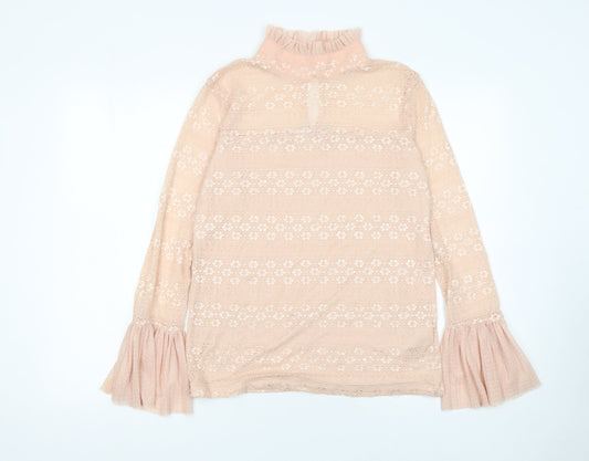 Guess Womens Beige Lace Flared Sleeve High Neck Blouse XL